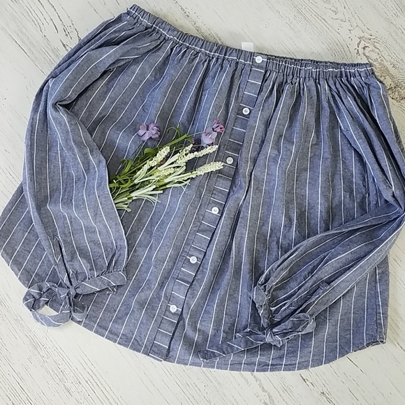 bp Tops - BP Chambray Striped Off Shoulder Top